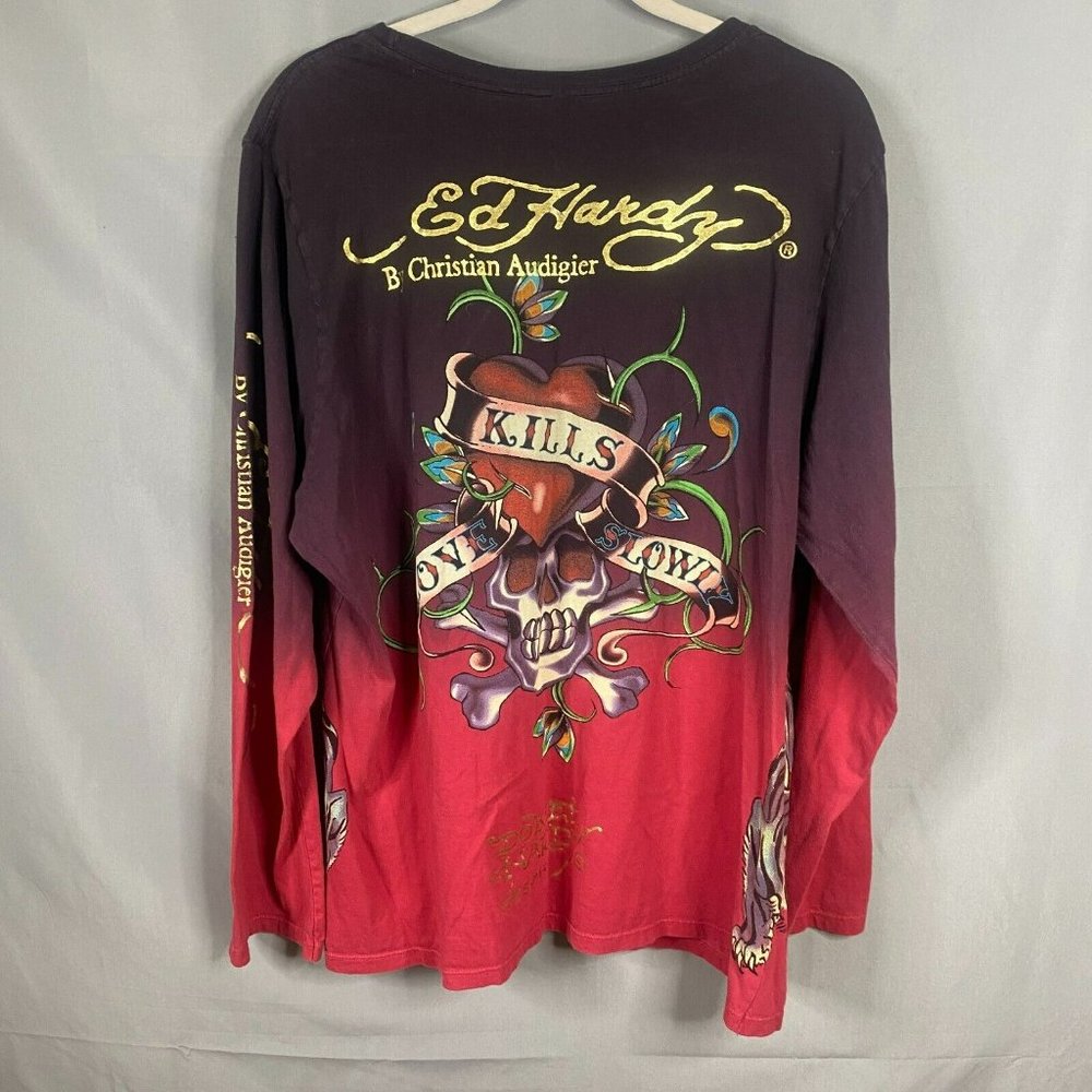 Authentic Ed Hardy Red to Black Ombre Long Sleeve Tee with Graphic Tiger & Rose - Picture 2 of 12